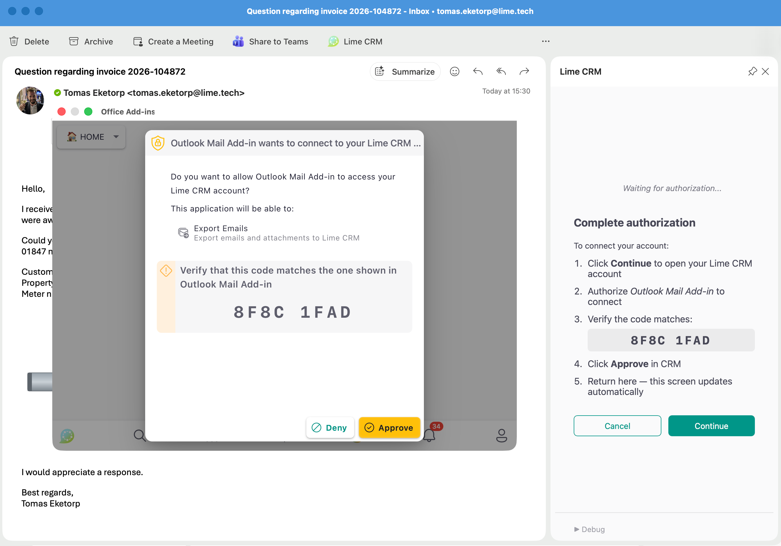 Connecting the add-in — the code in the task pane and the approval screen in Lime CRM