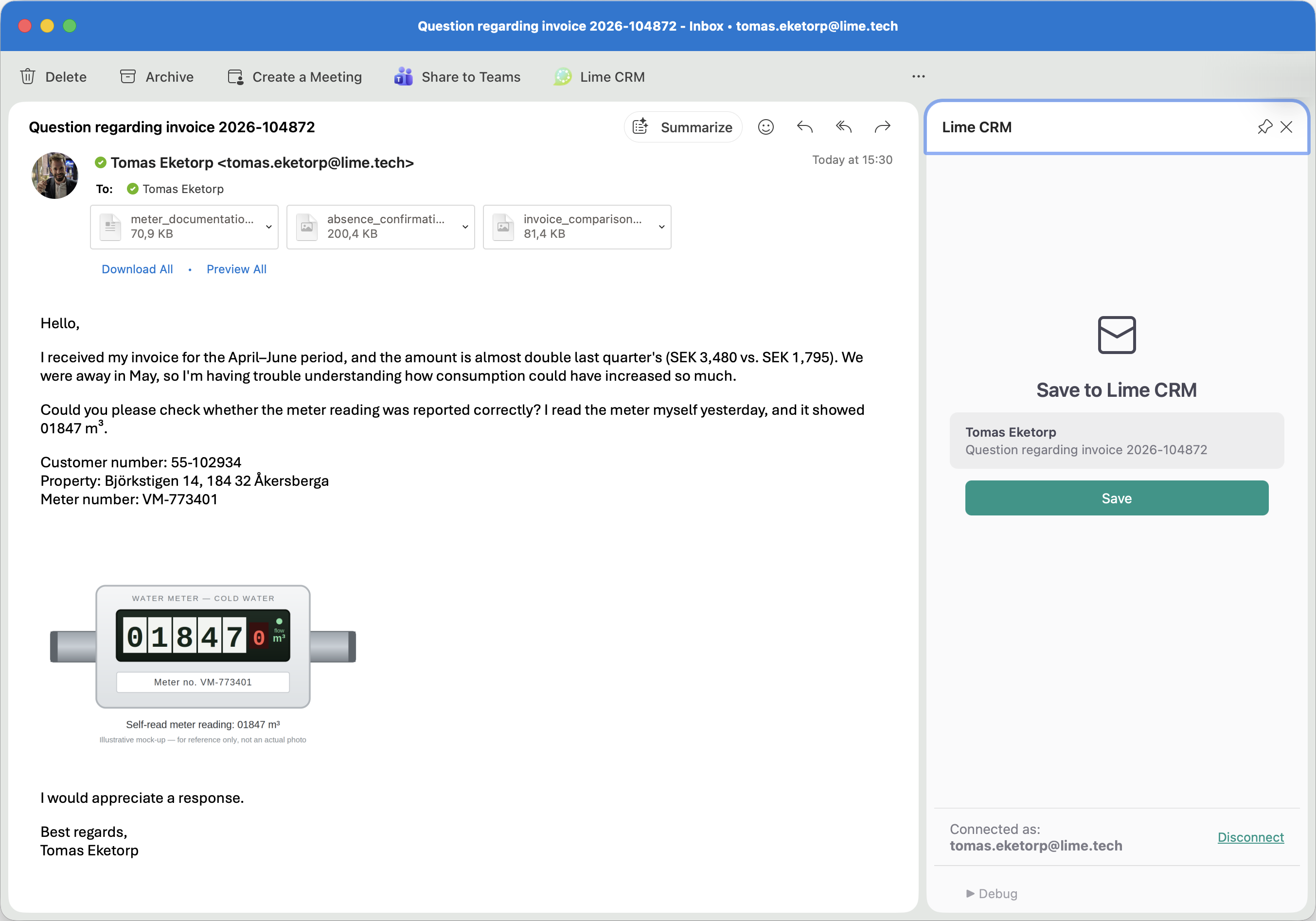 The Lime CRM task pane open next to an email in Outlook