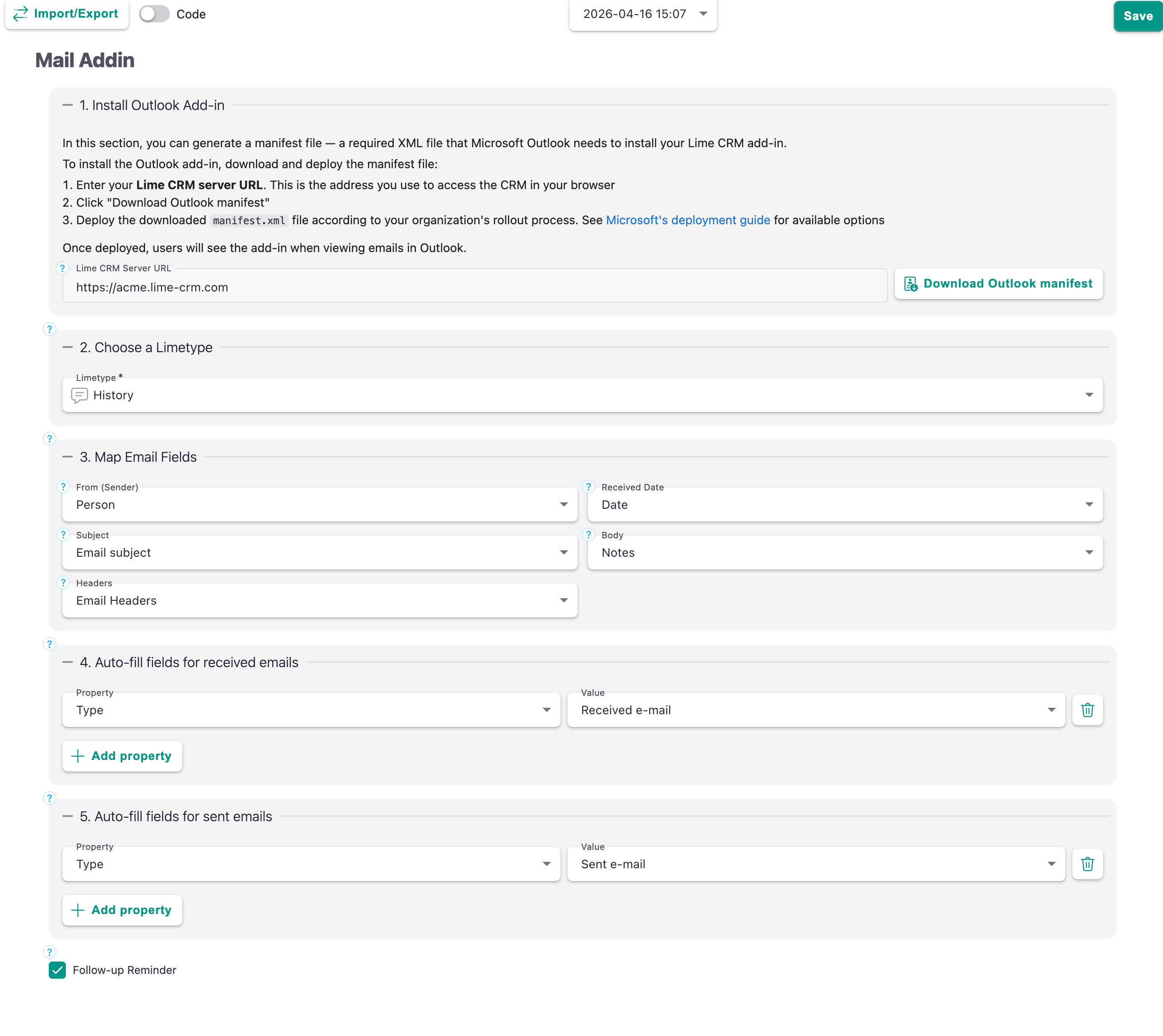 The Mail Addin configuration in Lime Admin